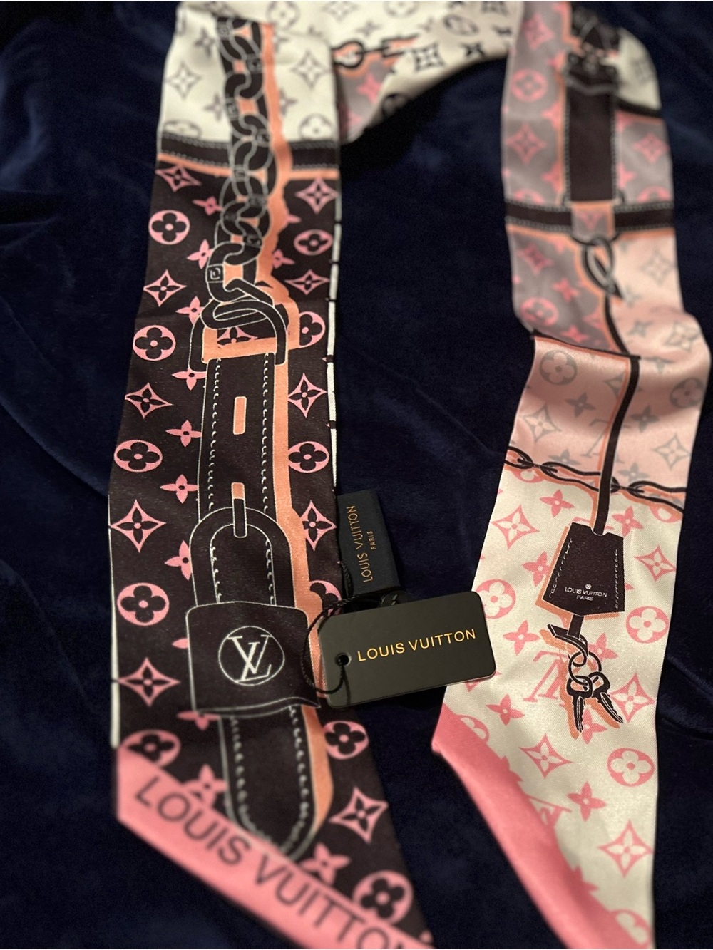 Louis Vuitton Pink and Black Monogram100% Silk Twilly Scarf gorgeous
